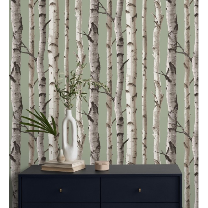 Papel pintado tronco de árboles de estilo nórdico color verde claro - Nordic Forest 682373