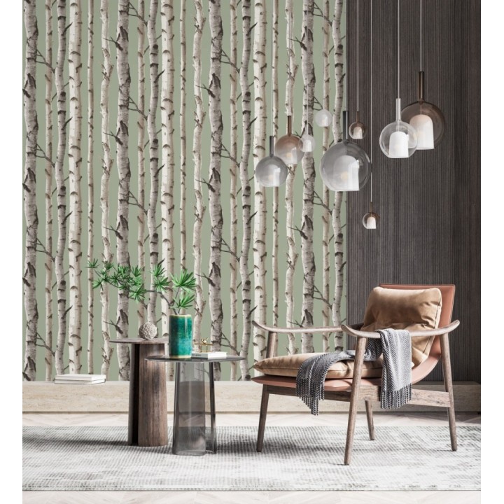 Papel pintado tronco de árboles de estilo nórdico color verde claro - Nordic Forest 682373