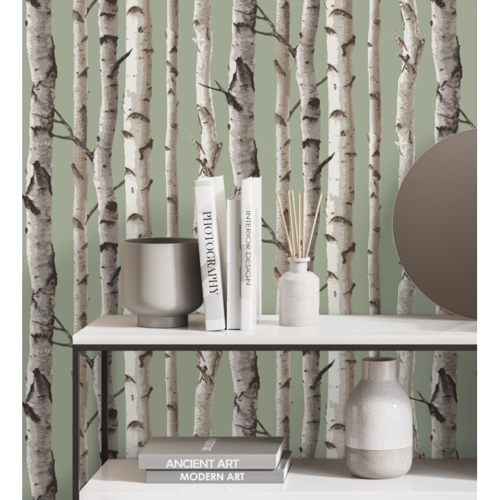 Papel pintado tronco de árboles de estilo nórdico color verde claro - Nordic Forest 682373