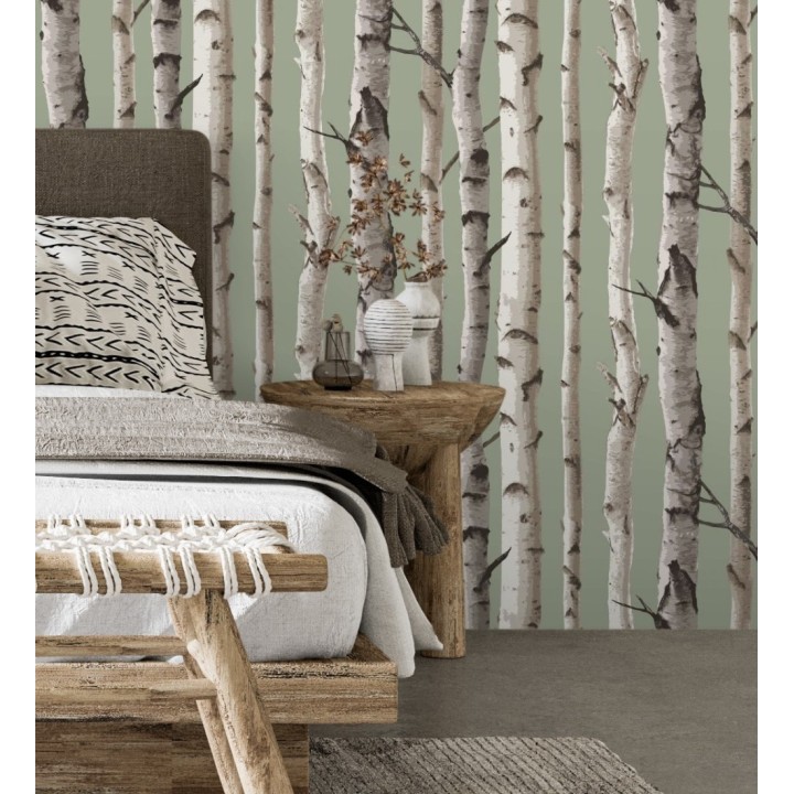 Papel pintado tronco de árboles de estilo nórdico color verde claro - Nordic Forest 682373