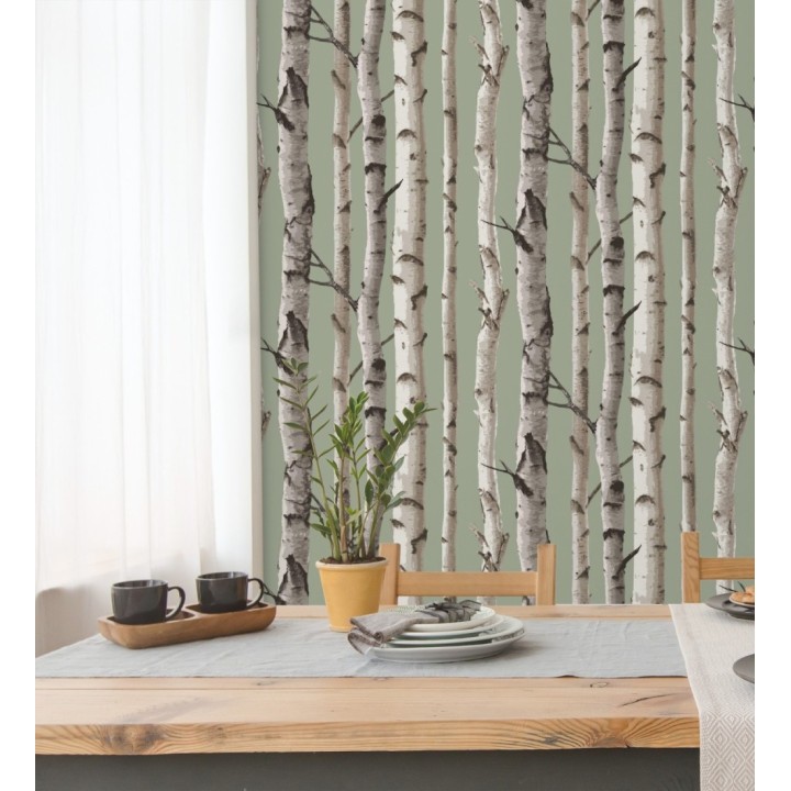 Papel pintado tronco de árboles de estilo nórdico color verde claro - Nordic Forest 682373