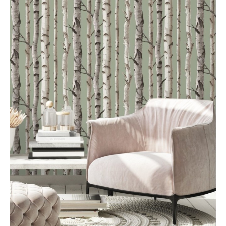 Papel pintado tronco de árboles de estilo nórdico color verde claro - Nordic Forest 682373