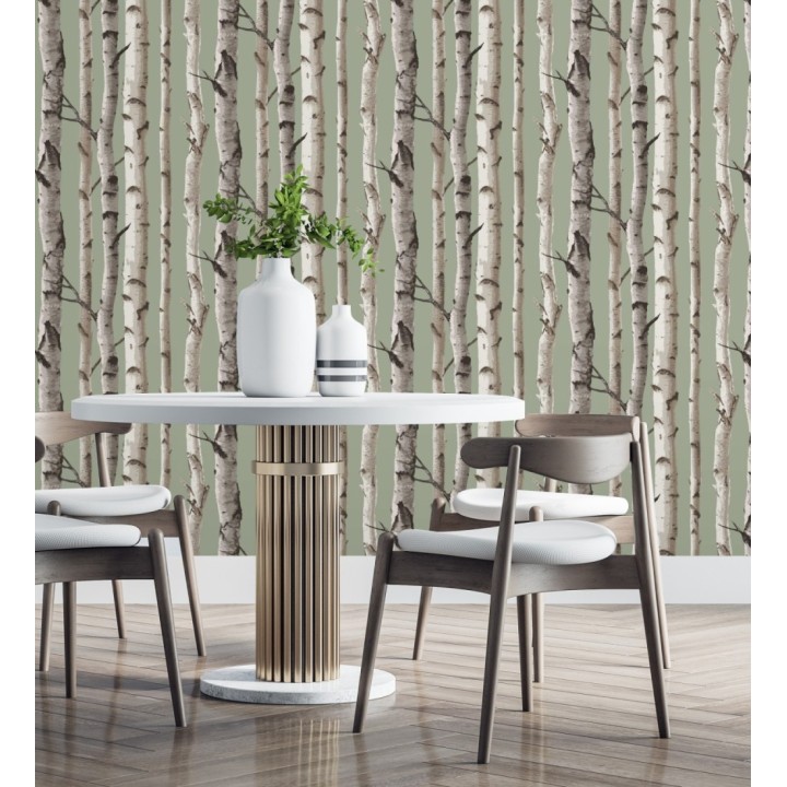 Papel pintado tronco de árboles de estilo nórdico color verde claro - Nordic Forest 682373