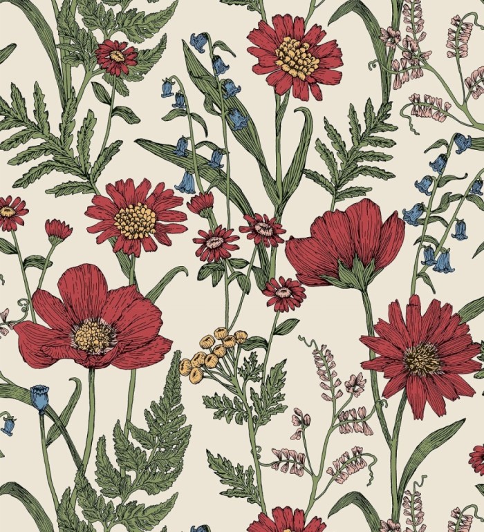 Papel pintado de flores silvestres con margaritas y amapolas fondo beige claro - Margot Meadow 682379
