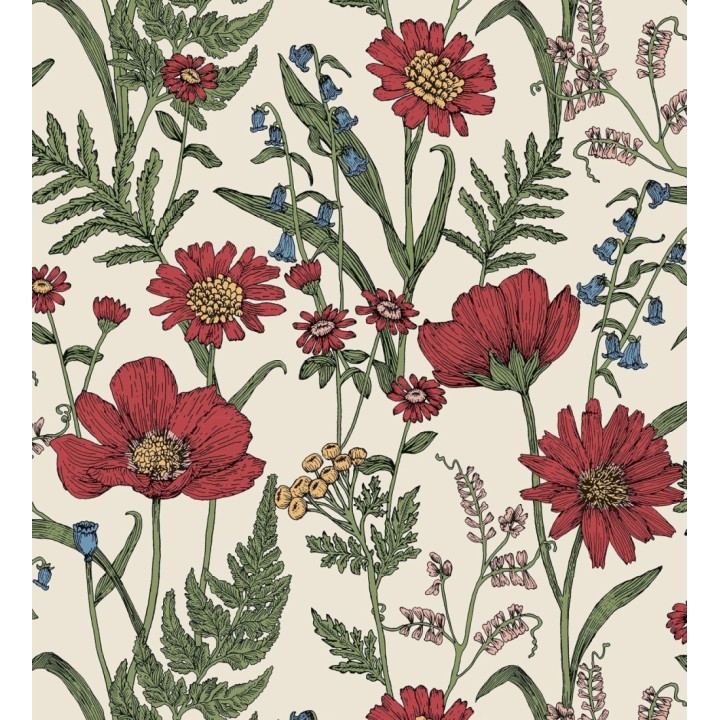 Papel pintado de flores silvestres con margaritas y amapolas fondo beige claro - Margot Meadow 682379