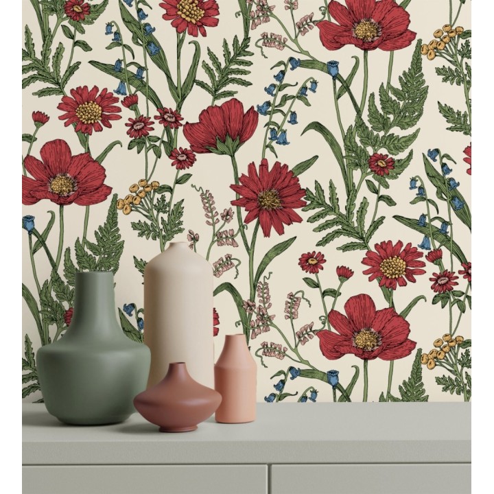 Papel pintado de flores silvestres con margaritas y amapolas fondo beige claro - Margot Meadow 682379