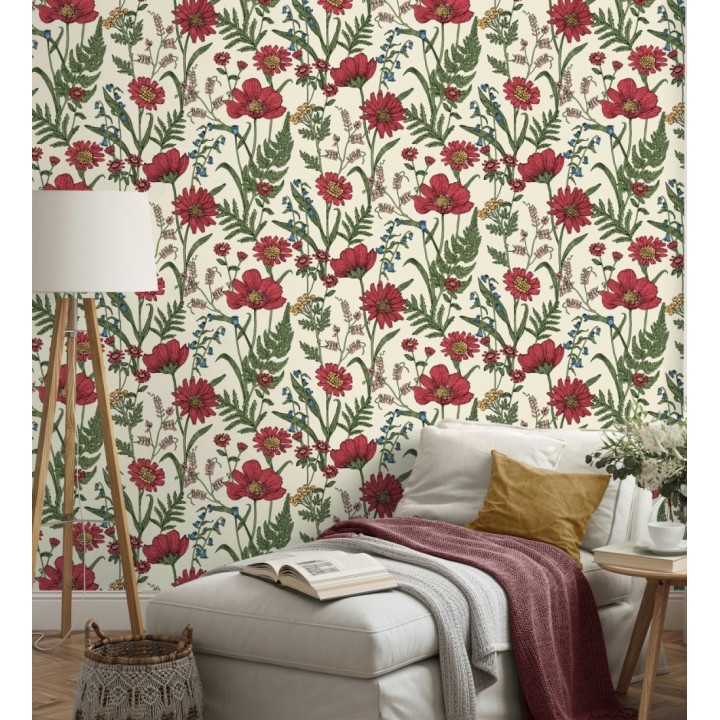 Papel pintado de flores silvestres con margaritas y amapolas fondo beige claro - Margot Meadow 682379