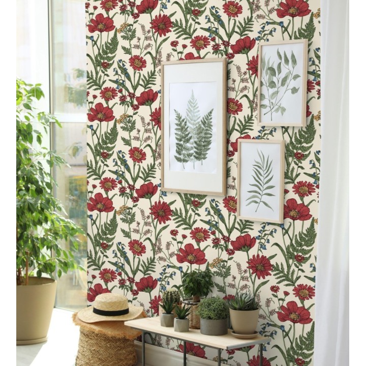 Papel pintado de flores silvestres con margaritas y amapolas fondo beige claro - Margot Meadow 682379