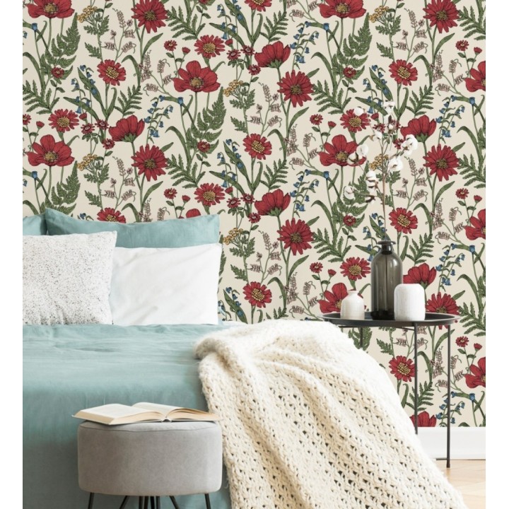 Papel pintado de flores silvestres con margaritas y amapolas fondo beige claro - Margot Meadow 682379