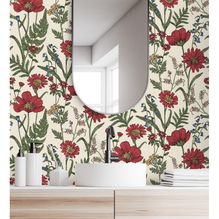 Papel pintado de flores silvestres con margaritas y amapolas fondo beige claro - Margot Meadow 682379