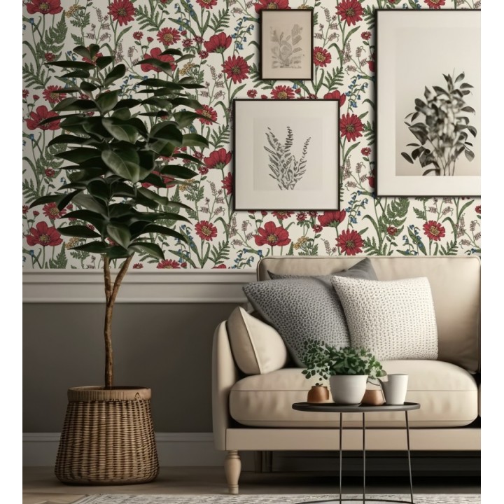 Papel pintado de flores silvestres con margaritas y amapolas fondo beige claro - Margot Meadow 682379