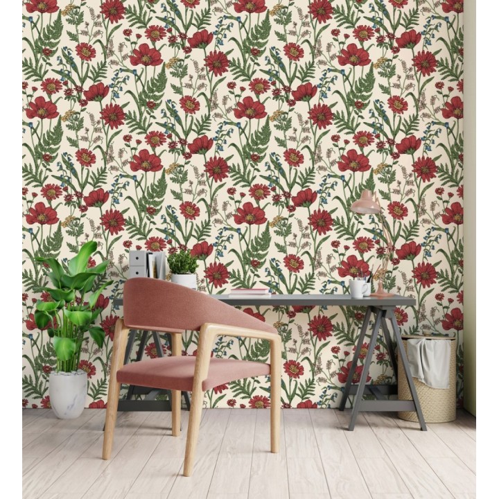 Papel pintado de flores silvestres con margaritas y amapolas fondo beige claro - Margot Meadow 682379