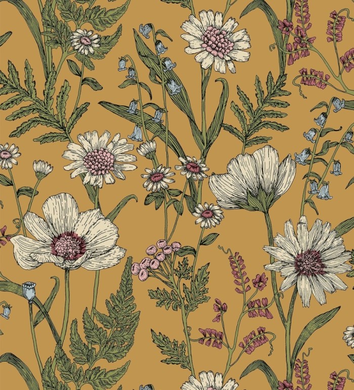 Papel pintado de flores silvestres con margaritas y amapolas fondo mostaza - Margot Meadow 682380