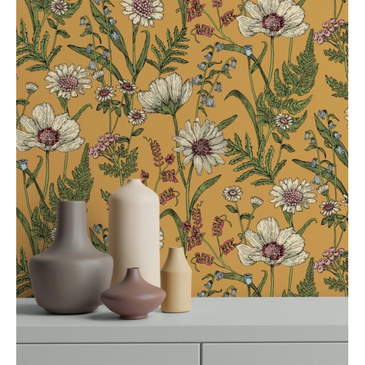 Papel pintado de flores silvestres con margaritas y amapolas fondo mostaza - Margot Meadow 682380
