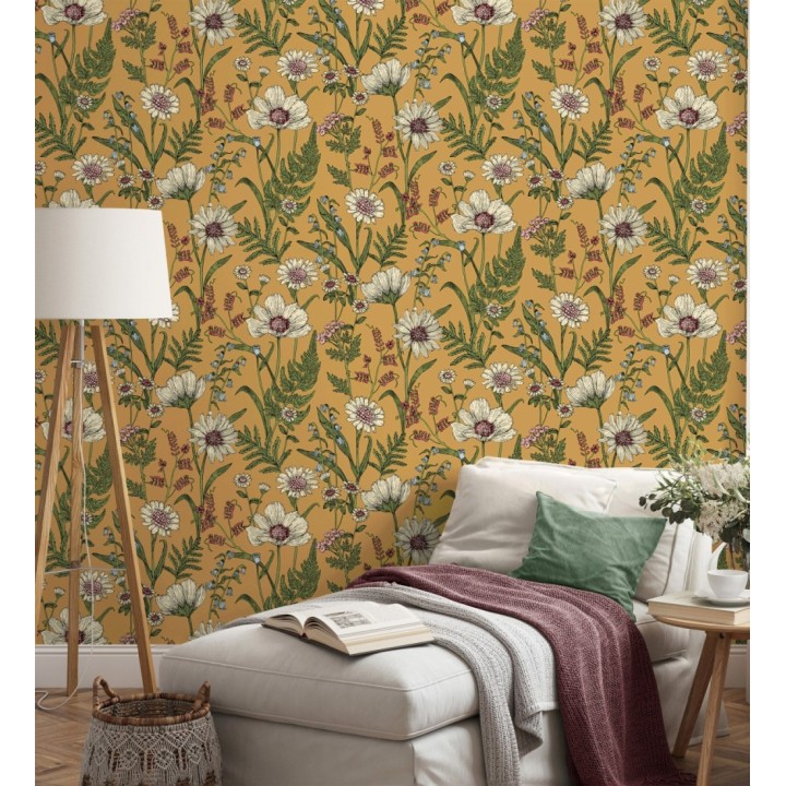 Papel pintado de flores silvestres con margaritas y amapolas fondo mostaza - Margot Meadow 682380