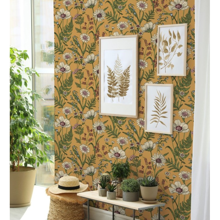 Papel pintado de flores silvestres con margaritas y amapolas fondo mostaza - Margot Meadow 682380