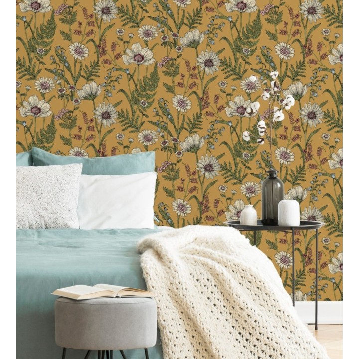 Papel pintado de flores silvestres con margaritas y amapolas fondo mostaza - Margot Meadow 682380