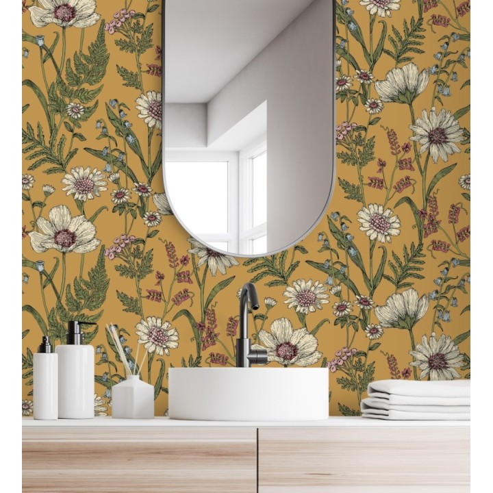Papel pintado de flores silvestres con margaritas y amapolas fondo mostaza - Margot Meadow 682380