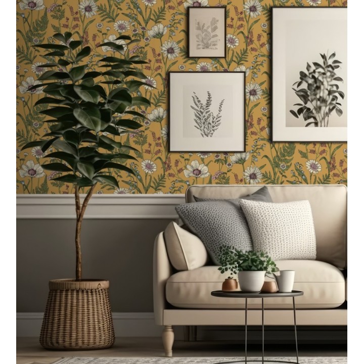 Papel pintado de flores silvestres con margaritas y amapolas fondo mostaza - Margot Meadow 682380