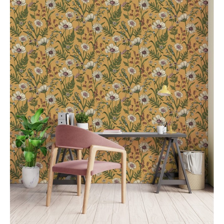 Papel pintado de flores silvestres con margaritas y amapolas fondo mostaza - Margot Meadow 682380