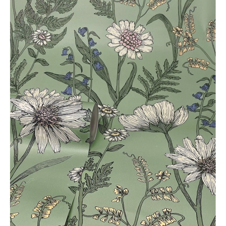Papel pintado de flores silvestres con margaritas y amapolas fondo verde - Margot Meadow 682381