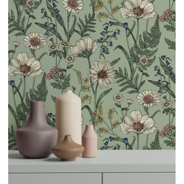 Papel pintado de flores silvestres con margaritas y amapolas fondo verde - Margot Meadow 682381