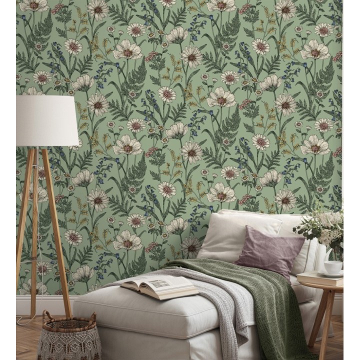 Papel pintado de flores silvestres con margaritas y amapolas fondo verde - Margot Meadow 682381