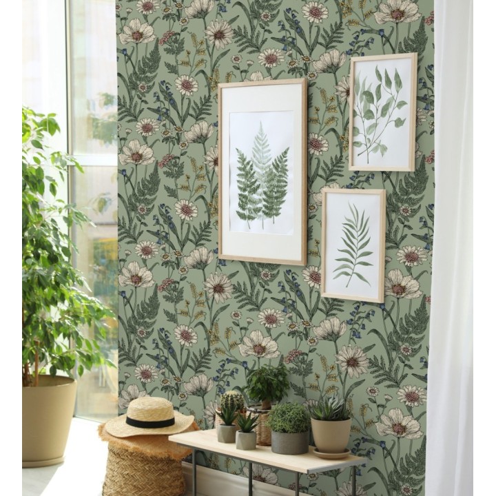 Papel pintado de flores silvestres con margaritas y amapolas fondo verde - Margot Meadow 682381