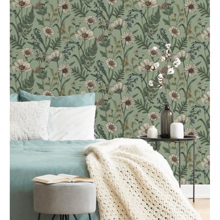 Papel pintado de flores silvestres con margaritas y amapolas fondo verde - Margot Meadow 682381