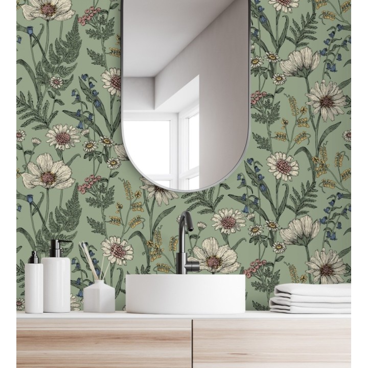 Papel pintado de flores silvestres con margaritas y amapolas fondo verde - Margot Meadow 682381