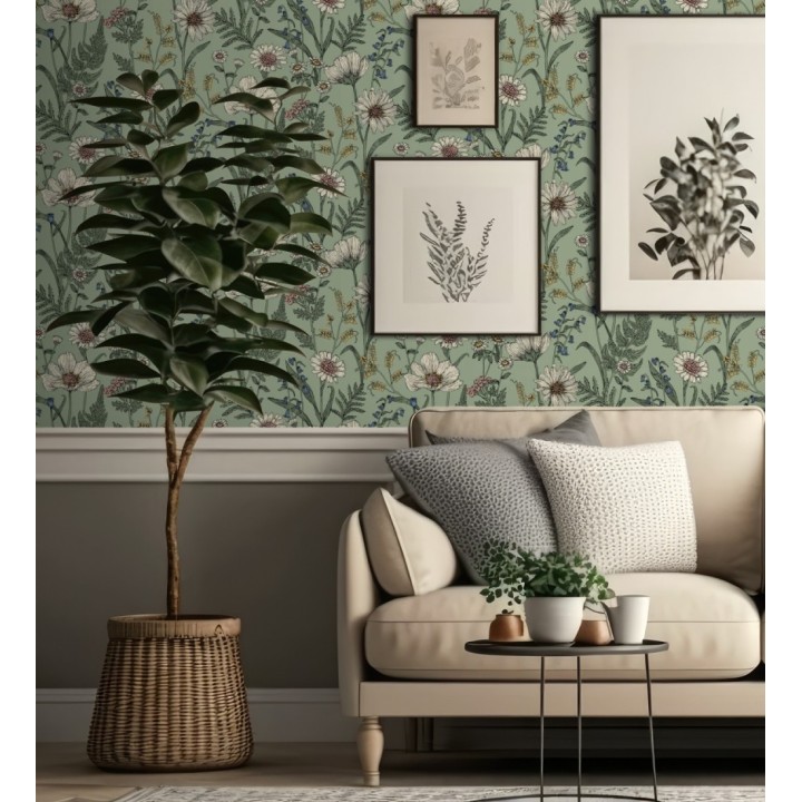 Papel pintado de flores silvestres con margaritas y amapolas fondo verde - Margot Meadow 682381