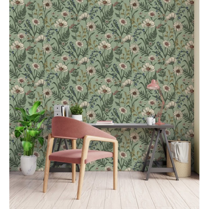 Papel pintado de flores silvestres con margaritas y amapolas fondo verde - Margot Meadow 682381