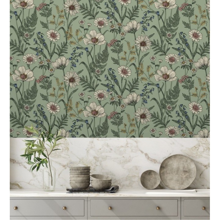 Papel pintado de flores silvestres con margaritas y amapolas fondo verde - Margot Meadow 682381