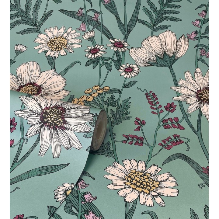 Papel pintado de flores silvestres con margaritas y amapolas fondo azul turquesa - Margot Meadow 682382
