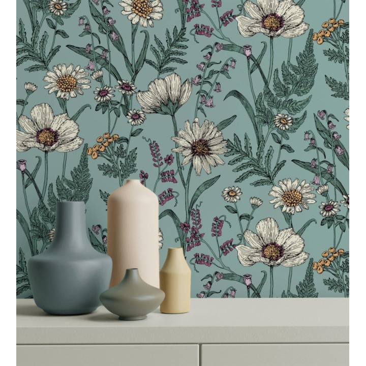 Papel pintado de flores silvestres con margaritas y amapolas fondo azul turquesa - Margot Meadow 682382