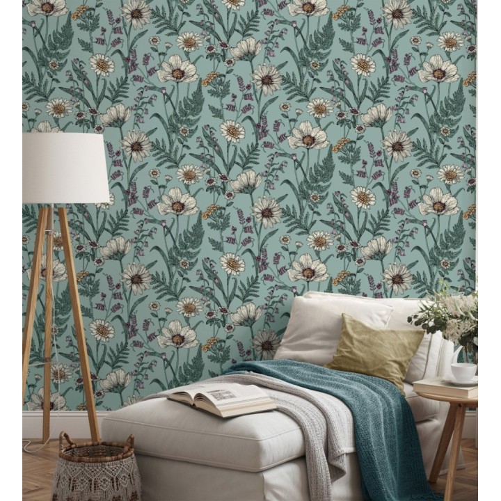 Papel pintado de flores silvestres con margaritas y amapolas fondo azul turquesa - Margot Meadow 682382