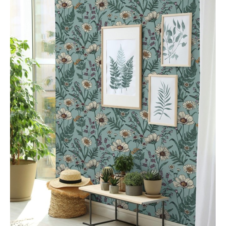 Papel pintado de flores silvestres con margaritas y amapolas fondo azul turquesa - Margot Meadow 682382