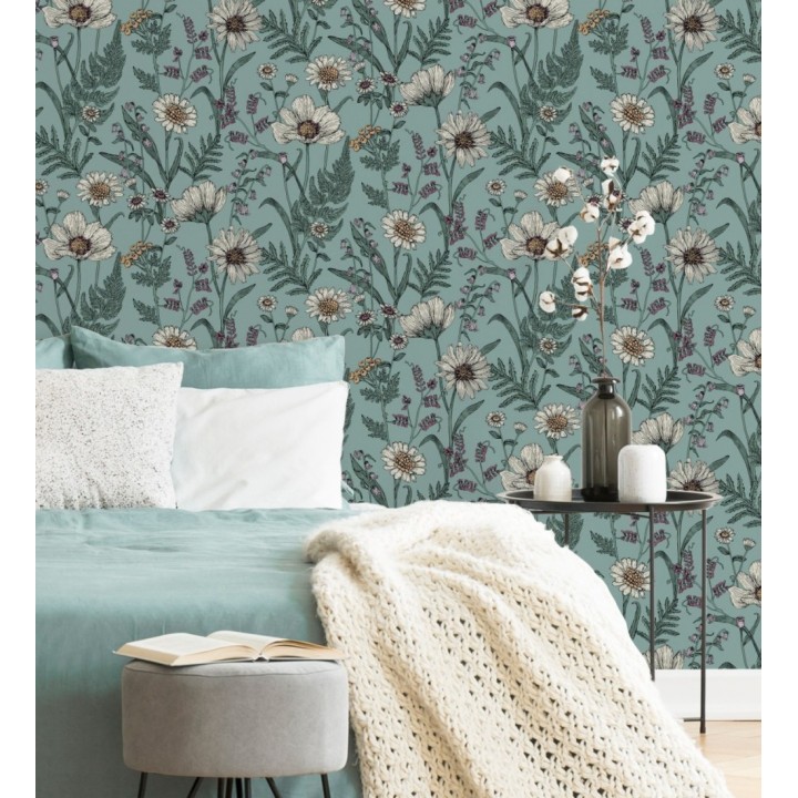 Papel pintado de flores silvestres con margaritas y amapolas fondo azul turquesa - Margot Meadow 682382