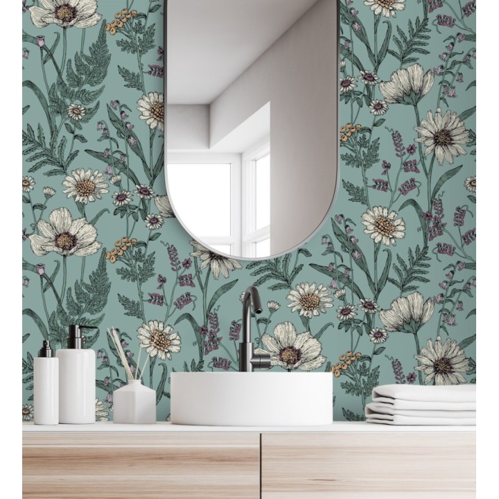 Papel pintado de flores silvestres con margaritas y amapolas fondo azul turquesa - Margot Meadow 682382