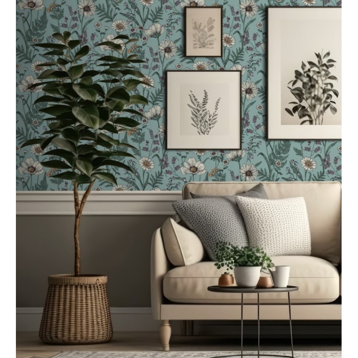 Papel pintado de flores silvestres con margaritas y amapolas fondo azul turquesa - Margot Meadow 682382