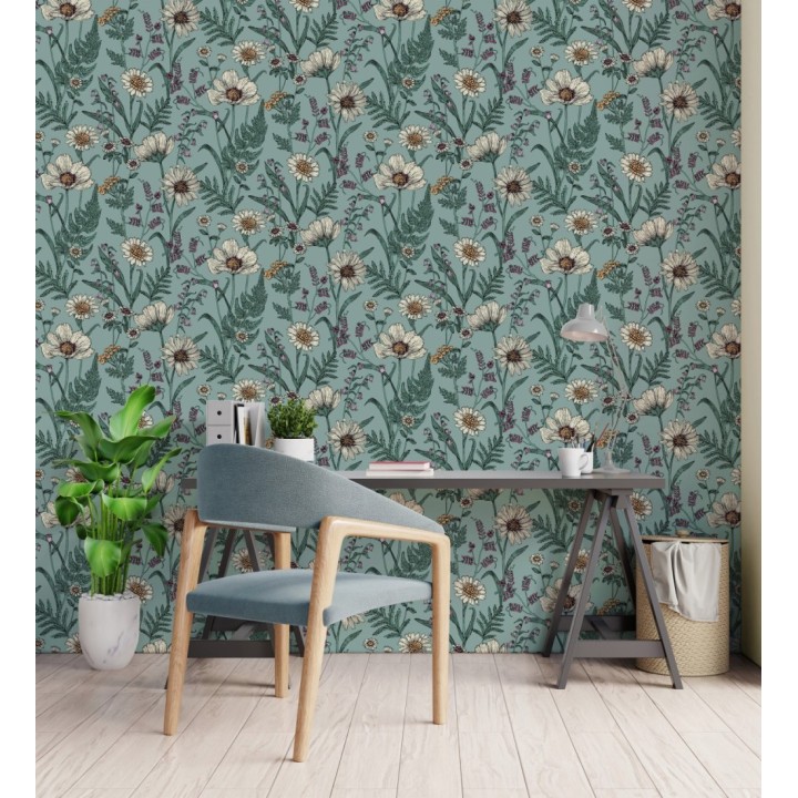 Papel pintado de flores silvestres con margaritas y amapolas fondo azul turquesa - Margot Meadow 682382