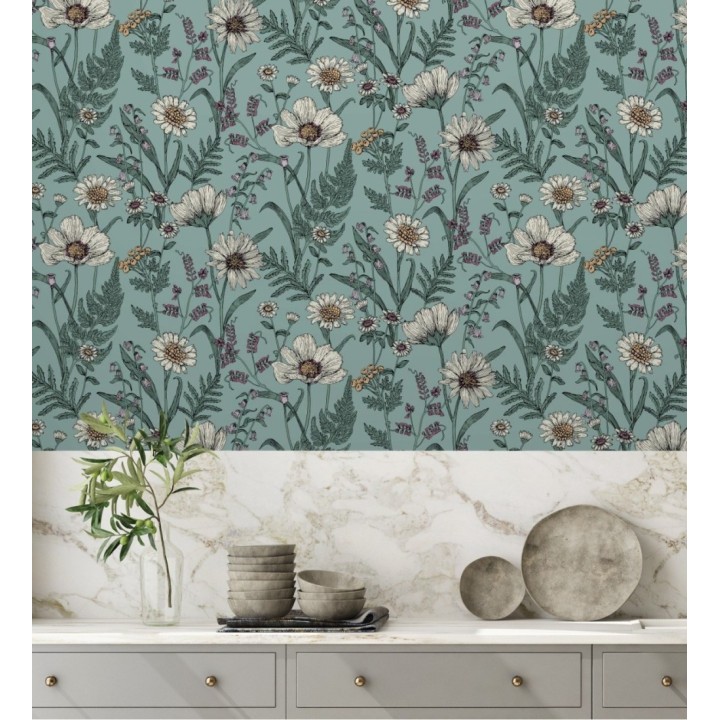 Papel pintado de flores silvestres con margaritas y amapolas fondo azul turquesa - Margot Meadow 682382
