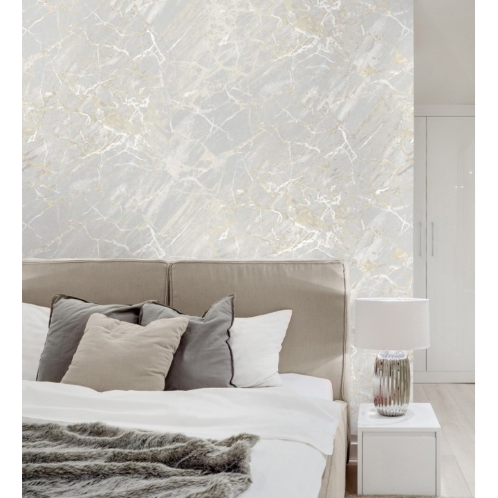 Papel pintado de mármol gris claro con betas color champagne metalizado - Bertoni 682383