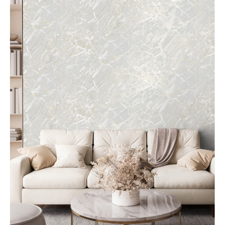 Papel pintado de mármol gris claro con betas color champagne metalizado - Bertoni 682383