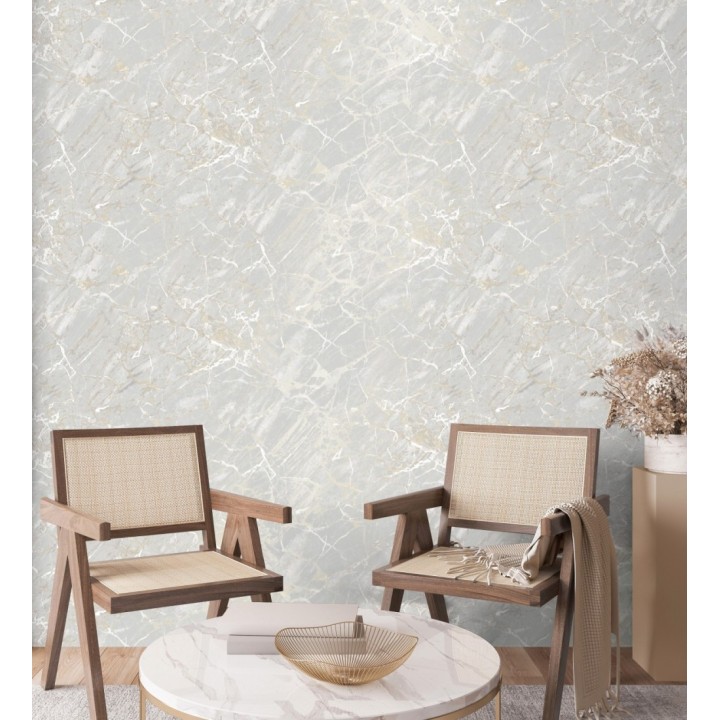 Papel pintado de mármol gris claro con betas color champagne metalizado - Bertoni 682383