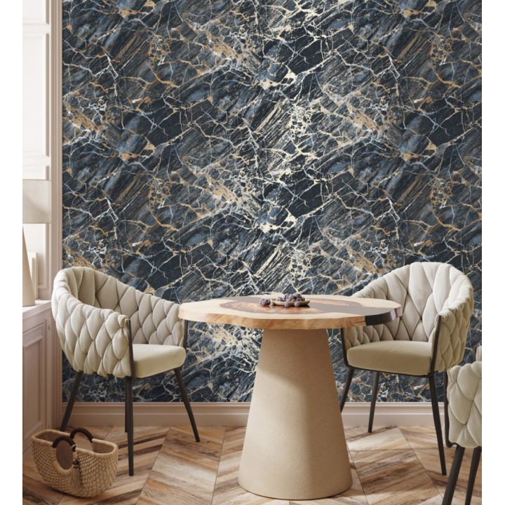 Papel pintado de mármol azul oscuro con betas color oro metalizado - Bertoni 682384