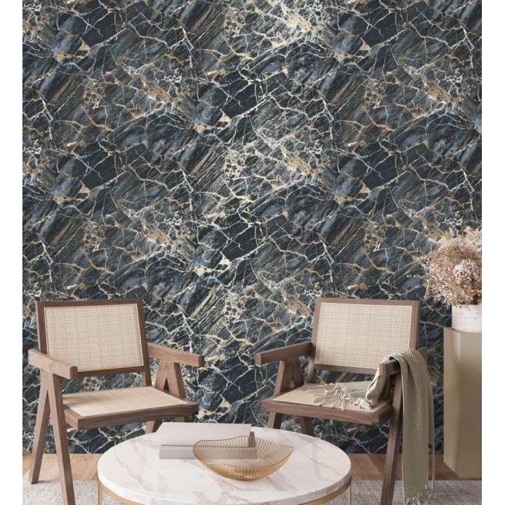Papel pintado de mármol azul oscuro con betas color oro metalizado - Bertoni 682384
