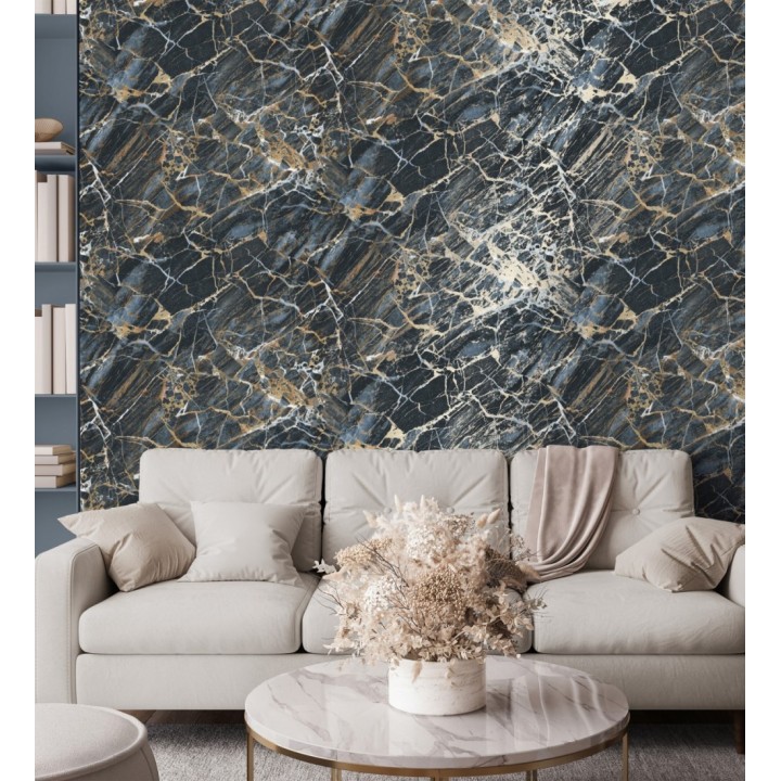 Papel pintado de mármol azul oscuro con betas color oro metalizado - Bertoni 682384