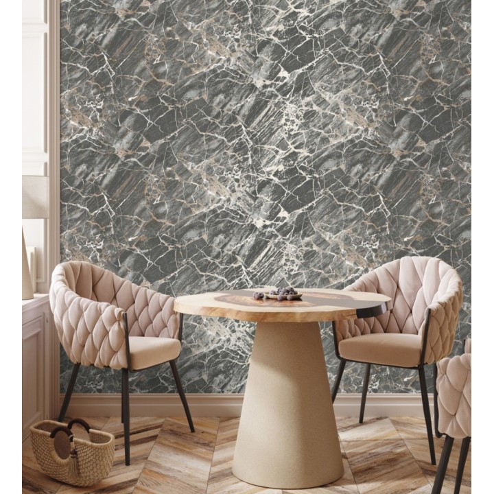 Papel pintado de mármol gris oscuro con betas color cobre metalizado - Bertoni 682385