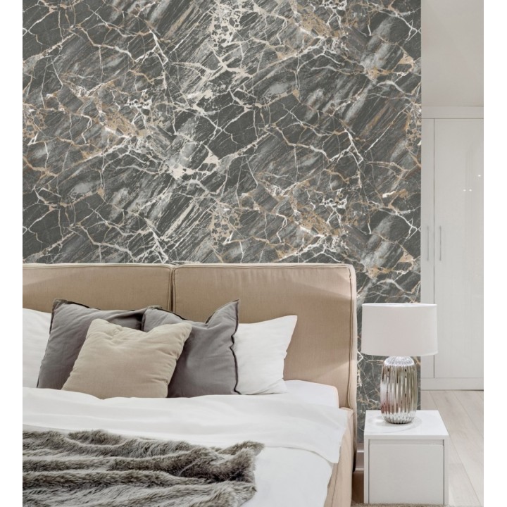 Papel pintado de mármol gris oscuro con betas color cobre metalizado - Bertoni 682385